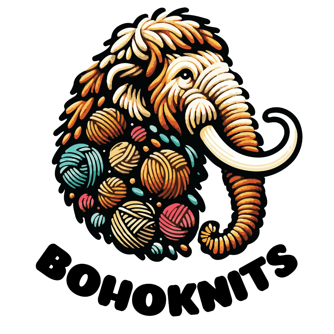 Bohoknits — handmade fiber arts brand identity and woolly mammoth logo