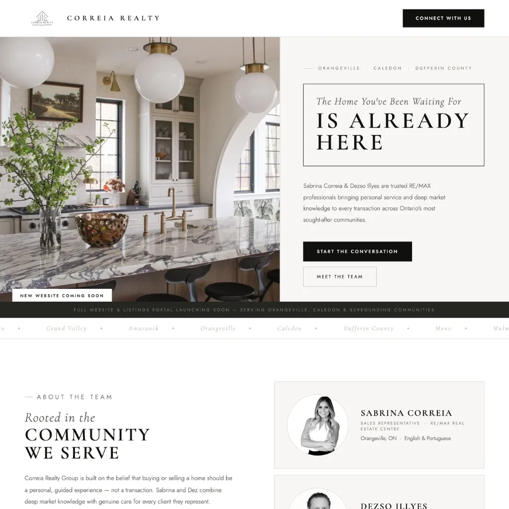 Correia Realty landing page design, Orangeville and Caledon real estate