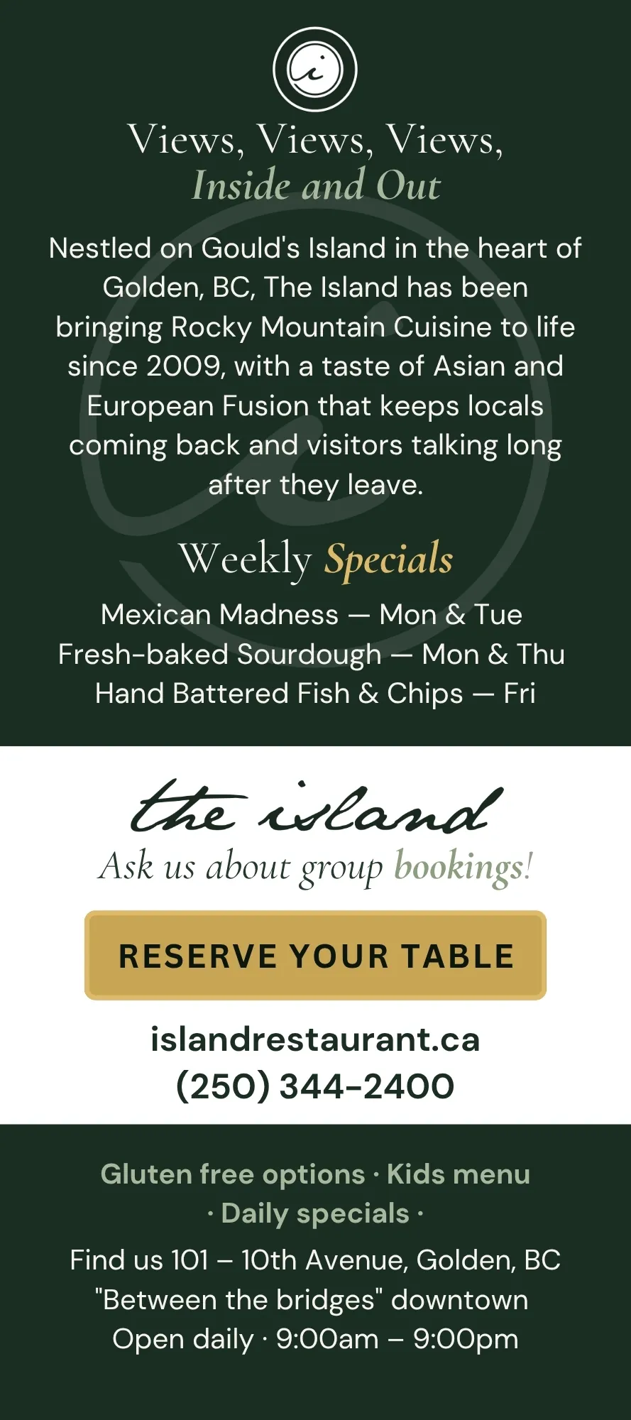 The Island Restaurant Rack Card Back
